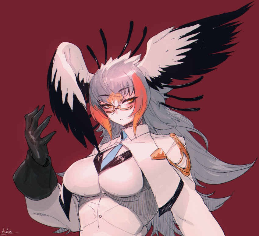 absurdres anchors_(mono_eye_os) animal_ears gloves highres kemono_friends kemono_friends_3 necktie secretarybird_(kemono_friends) shirt skirt tail