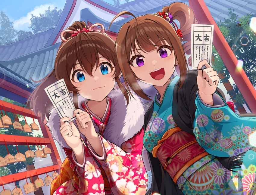 2girls blue_eyes brown_hair idolmaster idolmaster_million_live! kamille_(vcx68) multiple_girls new_year open_mouth ponytail purple_eyes satake_minako side_ponytail smile yokoyama_nao