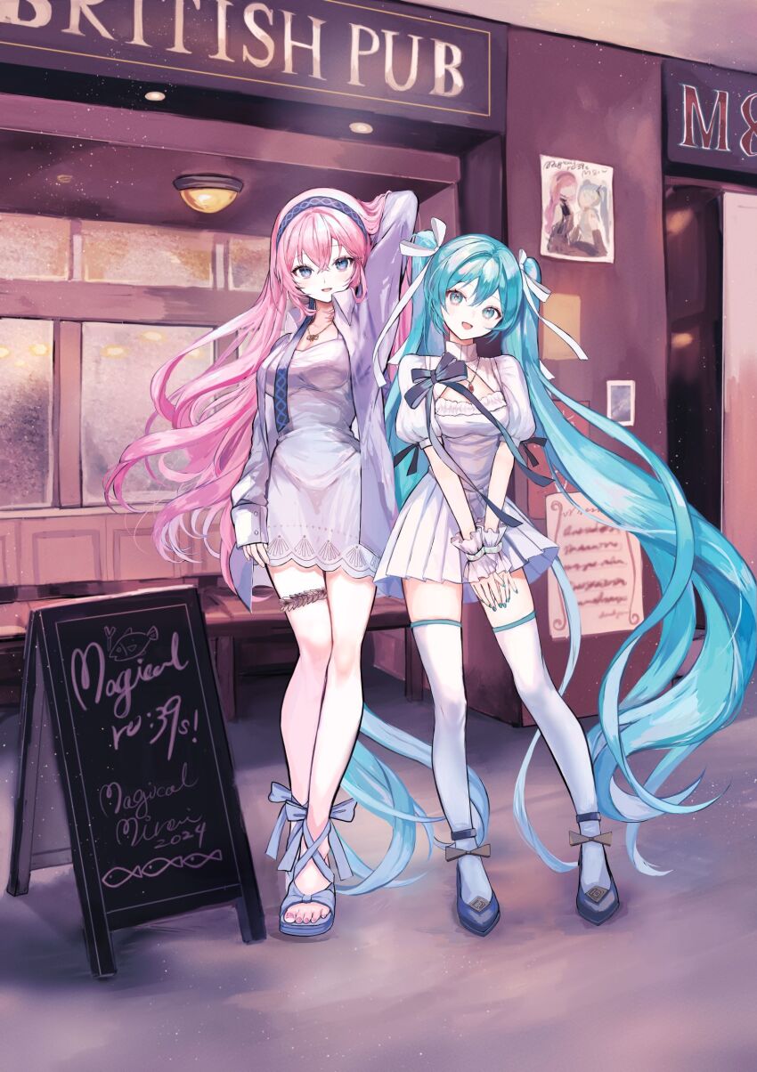 2girls :d aqua_eyes aqua_hair aqua_nails arm_behind_head arm_up black_ribbon blue_eyes blue_footwear blue_ribbon breasts cleavage cleavage_cutout clothing_cutout commentary_request dress english_text frilled_cuffs frilled_wrist_cuffs frills full_body hair_between_eyes hair_ribbon hatsune_miku highres jewelry light_blush long_hair long_sleeves looking_at_viewer medium_breasts megurine_luka multiple_girls nail_polish necklace open_mouth pink_hair pipi_(pipinavigation) puffy_short_sleeves puffy_sleeves ribbon shirt short_sleeves skirt skirt_set sleeves_past_wrists smile standing thighhighs thighlet twintails very_long_hair vocaloid white_dress white_shirt white_skirt white_thighhighs wrist_cuffs zettai_ryouiki
