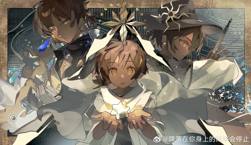 3boys :o age_progression arknights black_background black_hat black_shirt border brown_background brown_hair chinese_commentary commentary_request dark-skinned_male dark_skin expressionless gloves hands_up hat highres holding holding_sword holding_weapon looking_down male_focus multiple_boys sacabambaspis saucer_(saucer752) scarf shirt short_hair star_(symbol) sword thorns_(arknights) thorns_(blade-cleaved_tides)_(arknights) thorns_the_lodestar_(arknights) watermark weapon weibo_watermark white_gloves white_scarf white_shirt yellow_eyes