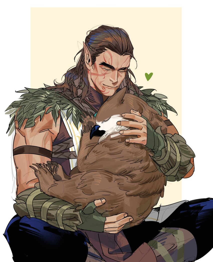 1boy absurdres animal animal_hug animal_on_lap baldur&#039;s_gate baldur&#039;s_gate_3 black_pants boots border braid brown_boots brown_hair closed_eyes commentary_request dungeons_&amp;_dragons dungeons_&amp;_dragons elf facial_tattoo facing_viewer feet_out_of_frame fingerless_gloves gloves green_gloves greensalad350 halsin heart highres indian_style knee_boots korean_commentary male_focus mature_male medium_hair multiple_braids muscular muscular_male on_lap outside_border owlbear pants pointy_ears scar scar_on_face side_braids simple_background sitting sleeping smile solo tattoo white_border yellow_background