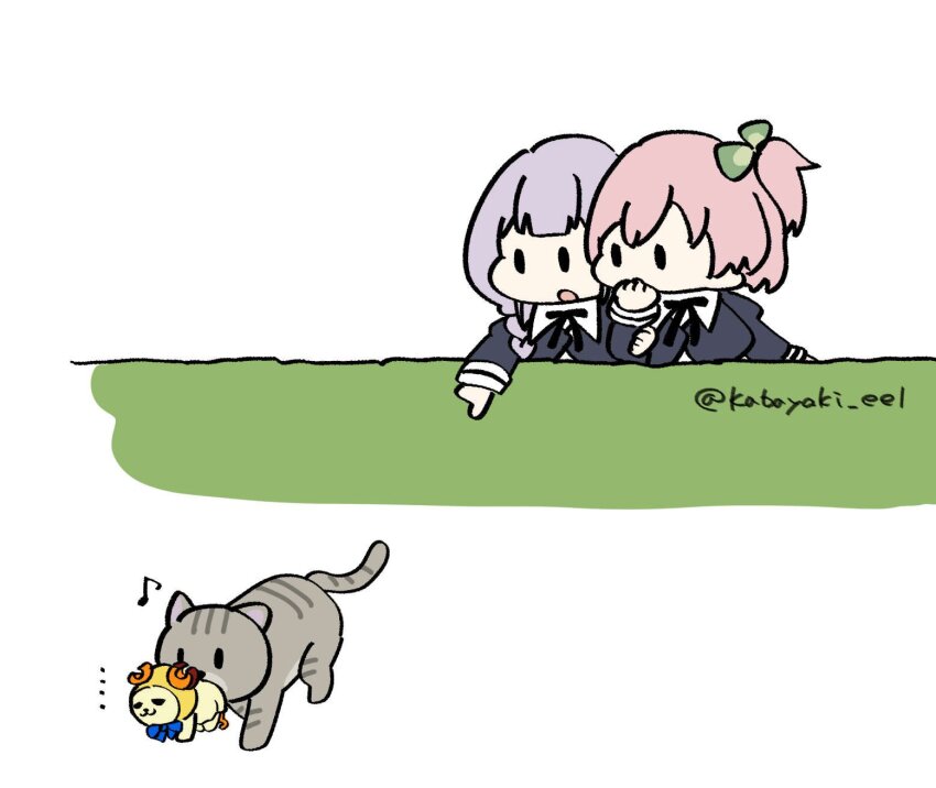... 1other 2girls :3 :o animal assault_lily black_ribbon blue_bow blue_bowtie bow bowtie braid cat charmy_(assault_lily) chibi closed_mouth clover_hair_ornament cropped_jacket eighth_note hair_ornament half-closed_eyes hand_on_another&#039;s_arm hand_to_own_mouth hands_up hedge highres hitotsuyanagi_riri hitotsuyanagi_yuri juliet_sleeves kabayaki_(kabayaki_eel) long_hair long_sleeves looking_ahead looking_at_animal low_twin_braids low_twintails mouth_hold multiple_girls musical_note neck_ribbon one_side_up open_mouth outstretched_arm pink_hair pointing pointing_at_another puffy_sleeves purple_hair ribbon school_uniform short_hair simple_background solid_oval_eyes standing twin_braids twintails twitter_username white_background yurigaoka_girls_academy_school_uniform