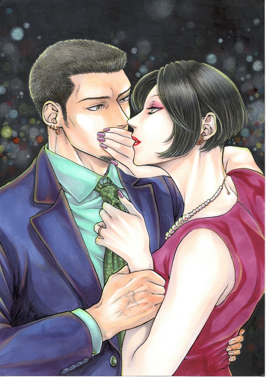 1boy 1girl bare_shoulders black_hair blue_suit bob_cut earrings facial_hair formal_clothes gyuu-lunch hand_on_another&#039;s_face hetero highres holding holding_another&#039;s_wrist husband_and_wife jewelry lipstick looking_at_another makeup marker_(medium) mature_female nail_polish necklace necktie original red_lips ring short_hair shouwa sleeveless suit traditional_media veins very_short_hair wedding_band