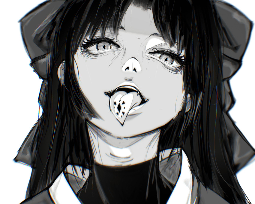1girl close-up esmile fangs hair_between_eyes hair_ribbon looking_at_viewer mato_seihei_no_slave monochrome ribbon shikoku_(mato_seihei_no_slave) simple_background solo tattoo tongue tongue_out tongue_tattoo white_background