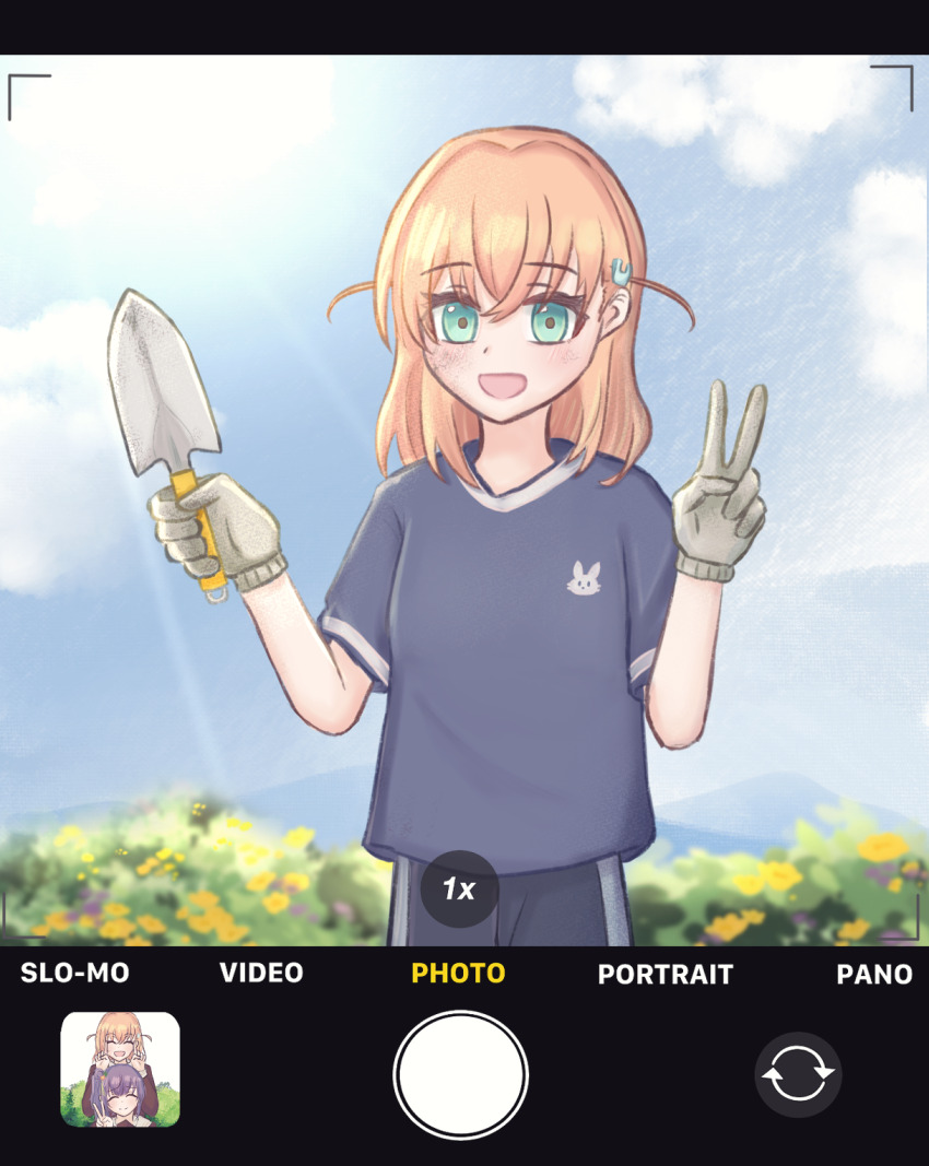 1girl :d ^_^ aqua_eyes blue_shirt blue_sky blush closed_eyes commentary_request crossed_bangs fake_screenshot gloves grey_gloves hair_ornament highres hikari863126 hinoshita_kaho holding holding_trowel link!_like!_love_live! love_live! medium_hair open_mouth orange_hair otomune_kozue outdoors rabbit_hair_ornament shirt short_sleeves sky smile solo t-shirt trowel two_side_up user_interface viewfinder virtual_youtuber