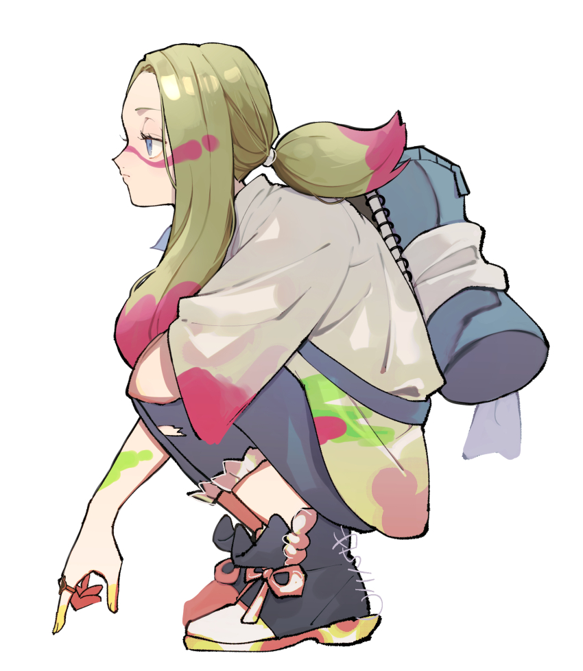 1girl backpack bag blonde_hair blue_eyes capri_pants creatures_(company) denim duffel_bag from_side game_freak half-closed_eyes highres jeans jewelry long_hair mina_(pokemon) nintendo notebook paint_in_hair paint_splatter paint_splatter_on_face pants pokemon pokemon_sm ponytail ring shoes sneakers solo squatting torn_clothes torn_jeans torn_pants white_background yachimata_1205