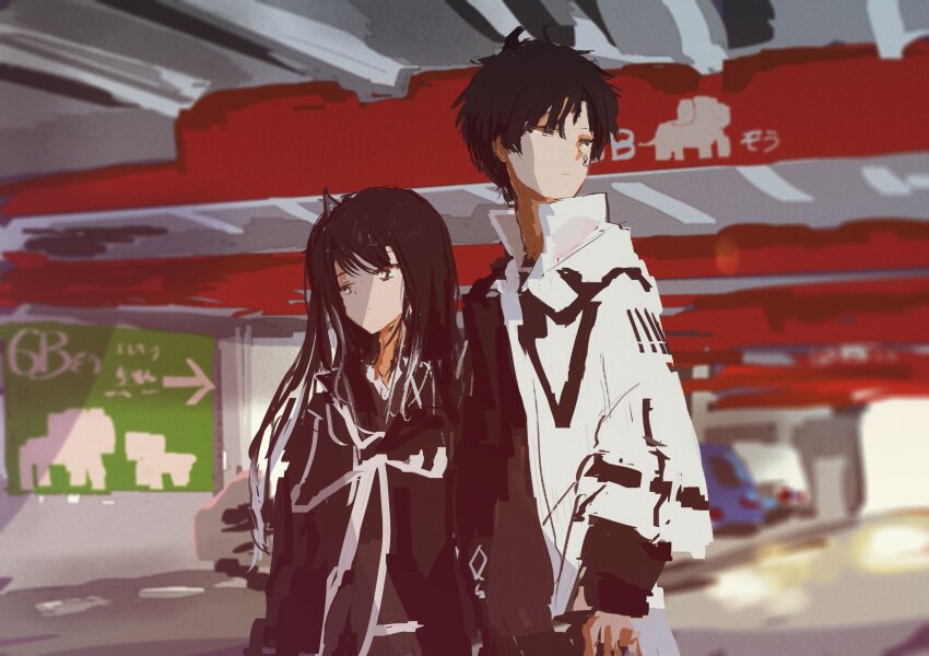 1boy 1girl absurdres arms_at_sides averuni_(coefont) black_coat black_eyes black_hair blurry blurry_background brother_and_sister car closed_mouth coat coefont colored_tips commentary_request expressionless facial_mark film_grain hair_ornament half-closed_eyes height_difference high_collar highres kabuyama_kaigi long_hair long_sleeves looking_to_the_side millial_(coefont) motor_vehicle multicolored_hair one_side_up parking_garage short_hair siblings side-by-side standing underground white_coat white_hair