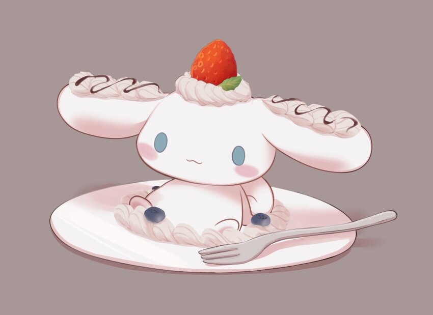 :3 animal animal_focus blue_eyes blueberry blush_stickers chocolate_syrup cinnamoroll commentary creature_as_food curled_tail dog food fork fruit fuwa_fuwa_cinnamoroll grey_background highres icing no_humans plate reimentyuru sanrio simple_background sitting smile strawberry symbol-only_commentary undersized_animal white_dog white_fur
