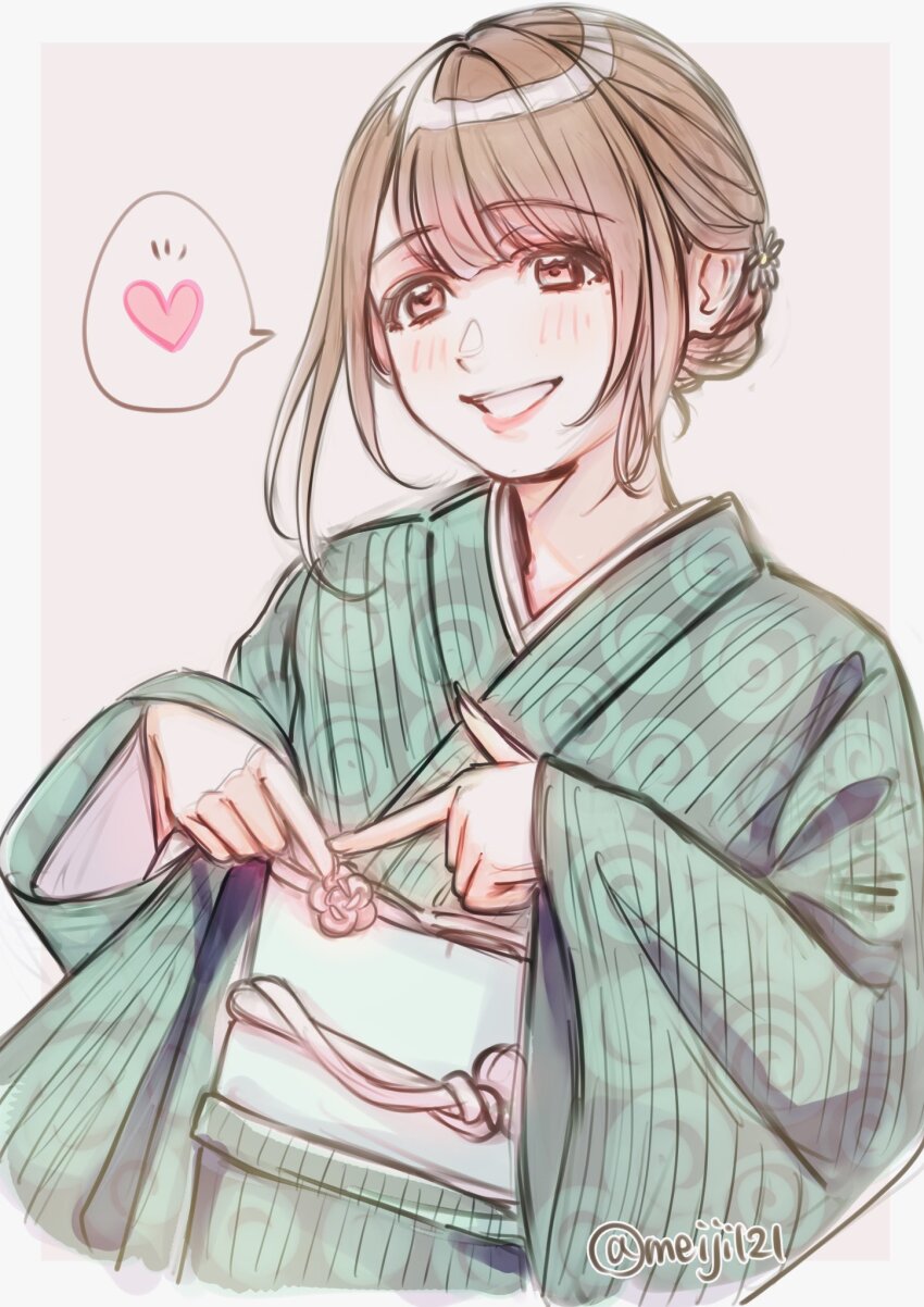 1girl animification brown_eyes brown_hair commentary_request flower_knot green_kimono grin heart highres japanese_clothes kimono link!_like!_love_live! love_live! meiji_(mosamoo3) real_life seeno_de!_hasu_no_sora! short_hair sidelocks simple_background smile solo speech_bubble spoken_heart twitter_username updo upper_body voice_actor white_background