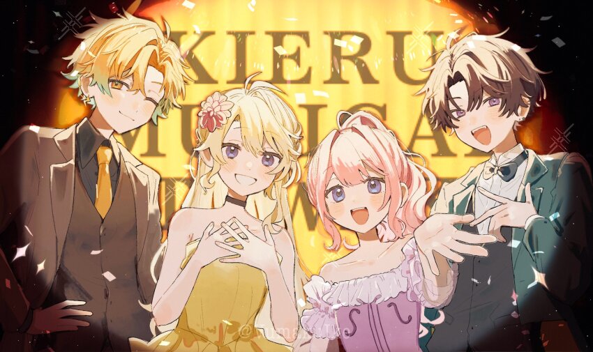 2boys 2girls :d ahoge antenna_hair aqua_hair artist_name bare_shoulders black_bow black_bowtie black_choker black_hair black_shirt black_vest blonde_hair blush bow bowtie choker closed_mouth collarbone collared_shirt commentary_request confetti detached_sleeves dress ear_piercing earrings fangs flower frilled_dress frilled_sleeves frills gradient_hair green_jacket grey_jacket grey_vest grin hair_between_eyes hair_flower hair_intakes hair_ornament hand_on_own_hip hands_up high_ponytail highres jacket jewelry lapels lightning_bolt_earrings lightning_bolt_symbol long_hair long_sleeves looking_at_viewer multicolored_hair multiple_boys multiple_girls necktie nijisanji one_eye_closed open_clothes open_jacket open_mouth orange_eyes orange_hair orange_necktie outstretched_arm outstretched_hand parted_bangs piercing pink_dress pink_flower pink_hair pink_sleeves ponytail purple_eyes saiki_ittetsu shirt short_hair short_sleeves sidelocks single_earring smile spotlight strapless strapless_dress suo_sango teeth todo_kohaku twitter_username upper_body upper_teeth_only usami_rito vest virtual_youtuber vumakuike white_shirt wing_collar yellow_dress