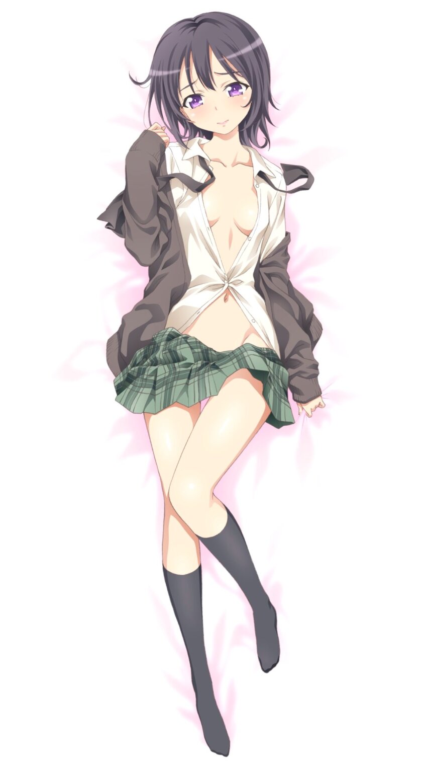 1girl black_cardigan black_hair black_socks blush boku_wa_tomodachi_ga_sukunai breasts cardigan closed_mouth clothes_pull collarbone dakimakura_(medium) full_body green_skirt groin hand_up highres looking_at_viewer lying mikazuki_yozora navel on_back open_clothes open_shirt partially_unbuttoned plaid_clothes plaid_skirt pleated_skirt purple_eyes school_uniform shirt skirt skirt_pull small_breasts socks solo st._chronica_academy_school_uniform thighs watanabe_yoshihiro white_shirt