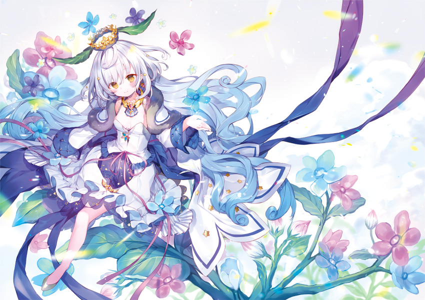 1girl arm_at_side blue_flower blue_hair blush breasts capelet closed_mouth comiket_95 cover_image crown detached_sleeves dress flower frilled_dress frills full_body fur-trimmed_capelet fur_trim gradient_hair hand_up head_tilt ibara_riato long_hair long_sleeves looking_at_viewer multicolored_hair no_socks on_flower original petals pink_flower pink_ribbon ribbon sitting small_breasts smile solo very_long_hair waist_ribbon white_capelet white_dress white_hair yellow_eyes