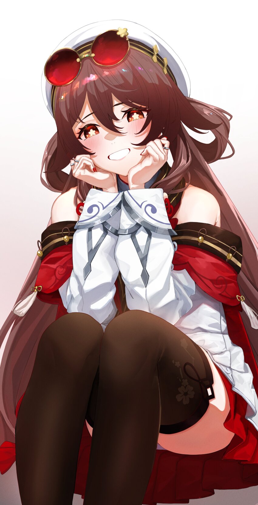 1girl absurdres ailushin armpit_crease bare_shoulders blush brown_hair brown_thighhighs detached_sleeves dress eyewear_on_head flower genshin_impact gradient_background hair_between_eyes hat head_on_hands highres hu_tao_(cherries_snow-laden)_(genshin_impact) hu_tao_(genshin_impact) jewelry long_hair long_sleeves looking_at_viewer nail_polish off_shoulder official_alternate_costume panties panty_peek red-tinted_eyewear red_eyes sitting smile solo sunglasses symbol-shaped_pupils thighhighs tinted_eyewear twintails underwear very_long_hair white_background white_panties white_sleeves wide_sleeves