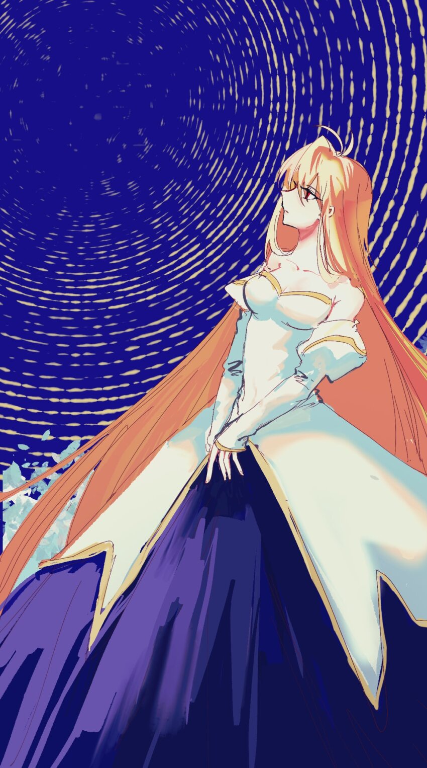 1girl archetype_earth arcueid_brunestud bare_shoulders blonde_hair breasts cleavage detached_sleeves dress from_side gold_trim highres large_breasts long_hair looking_to_the_side melty_blood red_eyes rong301718 tsukihime very_long_hair white_dress