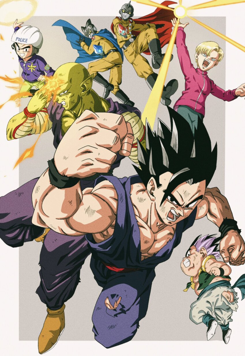 1girl android_18 couple dragon_ball dragon_ball_super dragon_ball_super_super_hero fighting_stance gamma_1 gamma_2 gotenks husband_and_wife ki_blast kienzan kuririn makankousappou multiple_boys muscular muscular_male piccolo potential_unleashed scratches son_gohan torn_clothes ultimate_gohan