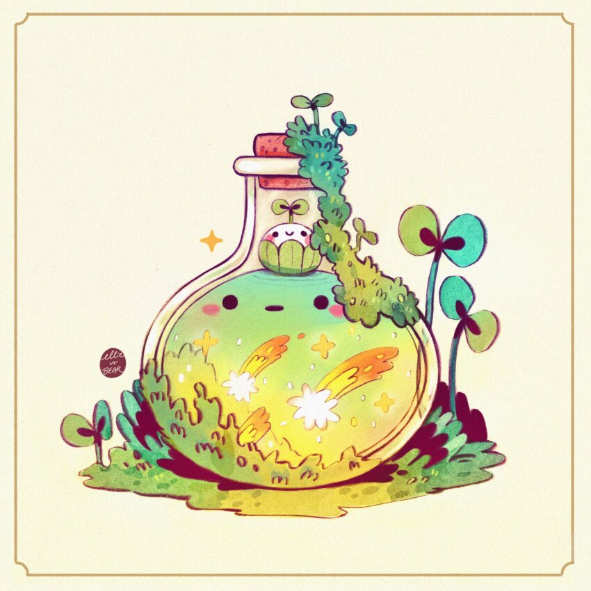 artist_name blush border bottle commentary cork corked_bottle creature ellievsbear english_commentary flask highres moss original plant plant_on_head potion shooting_star signature solid_circle_eyes sparkle yellow_background