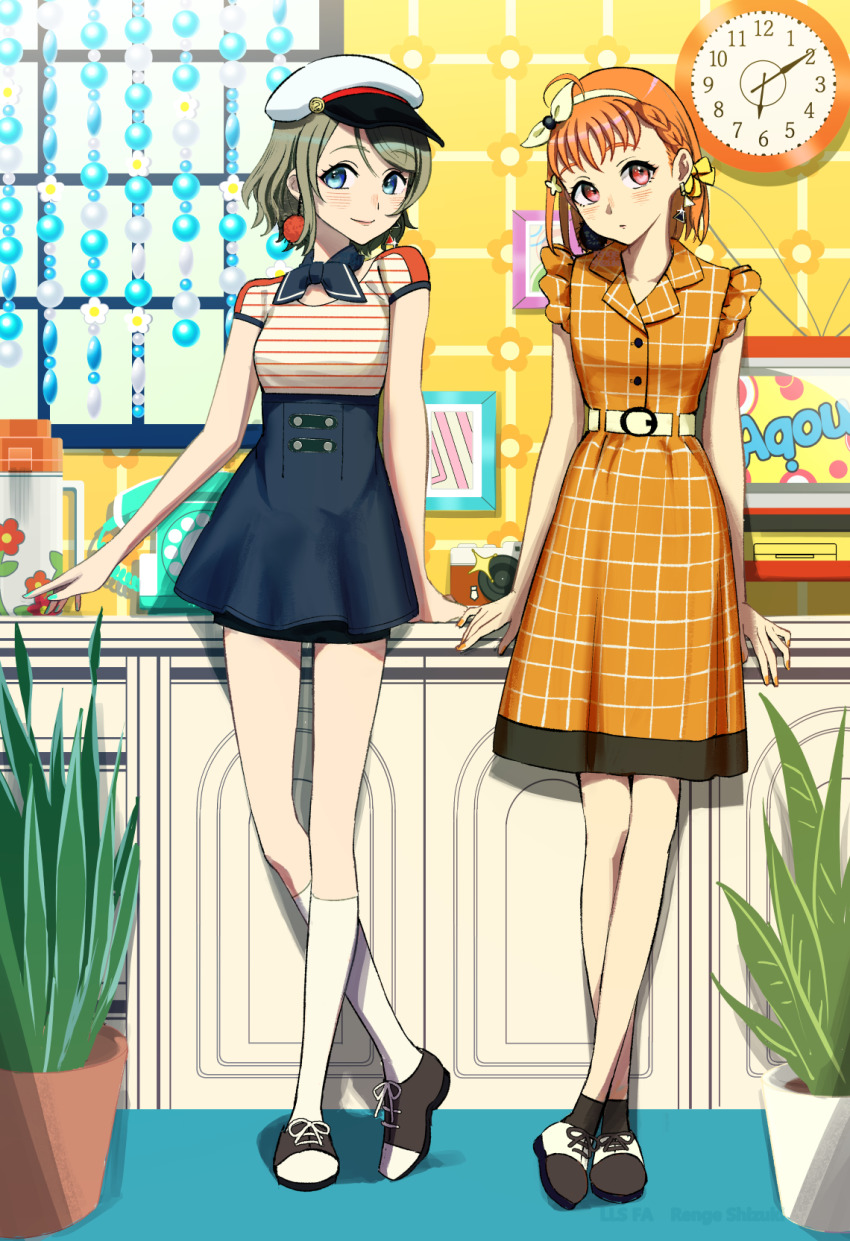 2girls analog_clock black_neckerchief blue_eyes blue_skirt blush breasts camera clock closed_mouth collarbone commentary corded_phone crossed_legs crt dress expressionless grey_hair highres indoors leaning_back love_live! love_live!_school_idol_festival love_live!_sunshine!! medium_breasts medium_dress miniskirt multiple_girls neckerchief official_alternate_costume orange_dress orange_hair phone picture_frame pinstripe_pattern pinstripe_shirt plant potted_plant red_eyes renge_(042514) shirt short_sleeves skirt sleeveless sleeveless_dress standing takami_chika watanabe_you white_shirt window