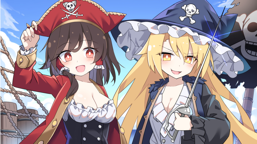 2girls alternate_costume barrel bicorne blonde_hair blue_sky blush bow breasts brown_hair cleavage cloud commentary_request day e.o. frilled_bow frilled_hair_tubes frilled_headwear frills glint hair_tubes hakurei_reimu hand_on_headwear hat highres holding holding_sword holding_weapon jacket jolly_roger kirisame_marisa long_hair long_sleeves looking_at_viewer multiple_girls open_clothes open_jacket open_mouth pirate pirate_hat rapier red_jacket rope skull_and_crossbones sky smile sword torn_flag touhou underbust very_long_hair weapon wide_sleeves witch_hat yellow_eyes