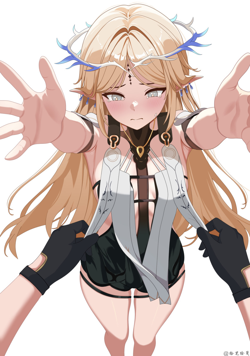 1girl 1other arms_up blonde_hair breasts cartethyia_(wuthering_waves) closed_mouth crown_of_thorns feet_out_of_frame from_above grey_eyes highres light_blush long_hair looking_down pointy_ears rover_(wuthering_waves) simple_background small_breasts tacet_mark_(wuthering_waves) tears very_long_hair weitaming_c white_background wuthering_waves