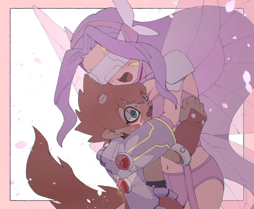 1boy 1girl :d belt bikini blush border breasts butterfly_hair_ornament butterfly_wings cherry_blossoms cleavage commentary_request covered_eyes cowboy_shot dark-skinned_male dark_skin digimon digimon_(creature) earrings facial_mark fairimon falling_petals fangs flamon garter_straps gloves green_eyes grey_gloves hair_between_eyes hair_ornament hairband hug insect_wings jewelry long_hair medium_breasts midriff monster_boy navel nose_blush open_mouth parted_bangs petals pink_border pointy_ears purple_belt purple_bikini purple_hair purple_hairband red_hair red_shorts red_tail revealing_clothes shorts shoulder_pads sidelocks simple_background smile standing sweat swimsuit tail takeda_conomi vambraces very_long_hair visor white_background wide-eyed wings