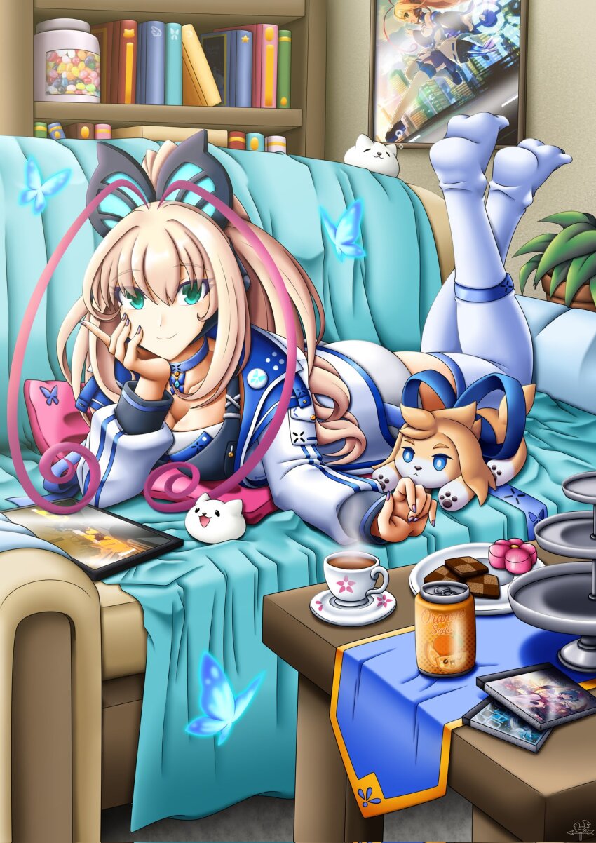 1girl antenna_hair ass azure_striker_gunvolt azure_striker_gunvolt_3 blonde_hair blue_eyes breasts butterfly_hair_ornament cleavage coffee_mug cup gunvolt hair_ornament highres jacket large_breasts long_hair lying mug multicolored_hair on_stomach pink_hair solo_focus tablet_pc thighhighs two-tone_hair white_jacket white_thighhighs windybirdid