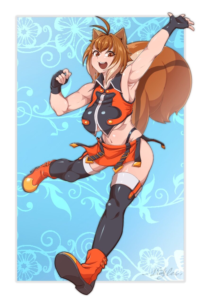 1girl animal_ears arm_up armpits bare_shoulders blazblue boots breasts brown_hair crop_top fingerless_gloves gloves highres large_breasts makoto_nanaya microskirt short_hair siu_tyler skirt sleeveless squirrel_ears squirrel_tail tail underboob