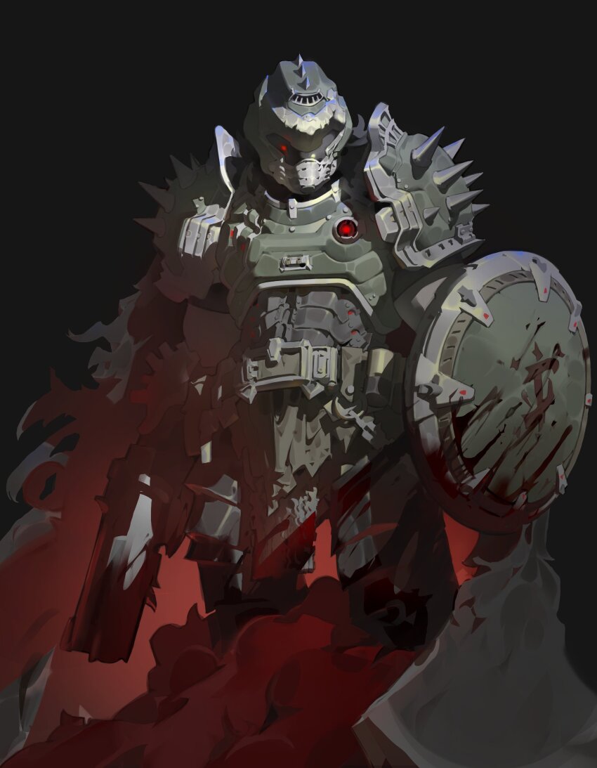 1boy absurdres armor assault_visor belt doom:_the_dark_ages doom_(series) doomguy full_armor gun helmet highres holding holding_gun holding_shield holding_weapon male_focus mark_of_the_doom_slayer pacpoi power_armor shield shotgun shoulder_pads shoulder_spikes spikes standing weapon