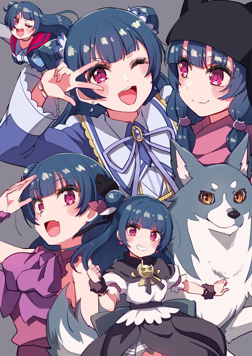1girl absurdres blue_hair blunt_bangs blush brown_eyes commentary cream_(nipakupa) earrings genjitsu_no_yohane grey_background grin highres jewelry lailaps_(genjitsu_no_yohane) long_hair looking_at_viewer love_live! love_live!_sunshine!! multiple_views one_eye_closed pink_eyes smile tsushima_yoshiko wolf yohane_(genjitsu_no_yohane)