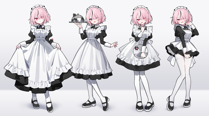 1girl :d :o ;d ? @_@ absurdres apron black_dress black_hair black_shoes blush commentary_request dress fang full_body hair_over_one_eye heart heart-shaped_pupils highres holding holding_tray index_finger_raised long_sleeves maid maid_headdress multicolored_hair multiple_views one_eye_closed open_mouth original pantyhose pink_eyes pink_hair shoes simple_background skirt_hold smile streaked_hair sweatdrop symbol-shaped_pupils tray v-shaped_eyebrows waka_(wk4444) white_apron white_background white_pantyhose