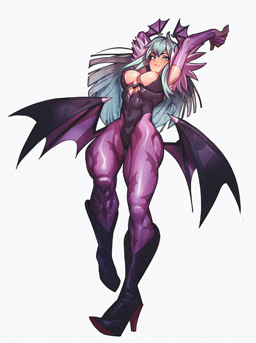 1girl areola_slip arms_up bat_wings black_boots black_leotard blunt_bangs blush boots breasts covered_navel darkstalkers elbow_gloves full_body gloves green_eyes green_hair grin head_wings high_heel_boots high_heels highres jin_rou knee_boots large_breasts leotard lips long_hair morrigan_aensland pantyhose parted_lips print_pantyhose purple_gloves purple_pantyhose smile solo wings