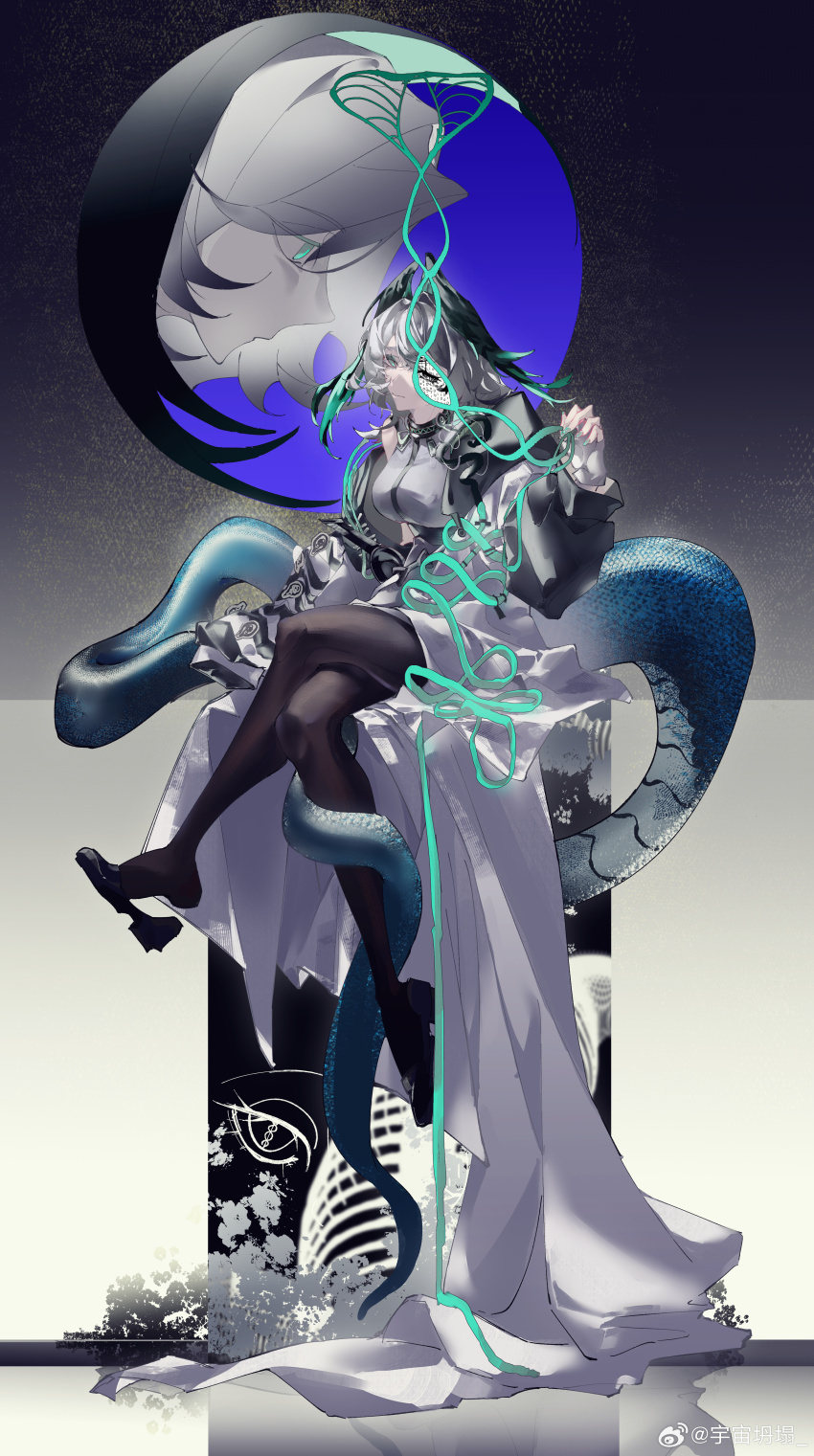 1girl absurdres aqua_eyes aqua_feathers aqua_wings arknights arm_at_side artist_name asymmetrical_sleeves belt belt_around_waist between_breasts black_background black_belt black_feathers black_hood black_pantyhose black_scales black_sleeves black_tail black_wings breasts circle closed_mouth coat dress expressionless eyebrows_hidden_by_hair feathered_wings feathers fingernails full_body gradient_feathers gradient_wings grey_hair hair_between_eyes hand_up head_wings high_heels highres ho&#039;olheyak_(arknights) hood hooded_coat infection_monitor_(arknights) large_breasts long_coat long_sleeves looking_at_viewer mature_female medium_hair mismatched_sleeves multicolored_coat multicolored_wings no_ears nose open_clothes open_coat pale_skin pantyhose pencil_dress prehensile_tail ranchenna ribs scales short_dress sidelocks simple_background sitting slit_pupils snake_girl snake_tail solo strap_between_breasts tail two-tone_background two-tone_coat two-tone_feathers two-tone_sleeves two-tone_wings very_long_tail watermark wavy_hair weibo_username weibo_watermark white_background white_coat white_dress white_sleeves wings