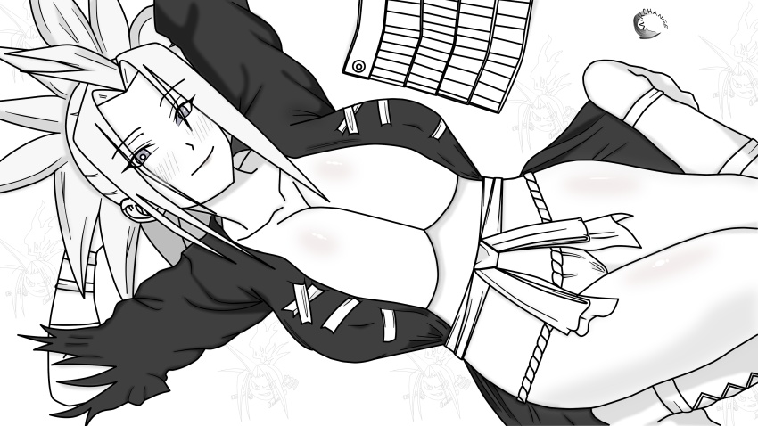 1girl absurdres amidamaru arms_up blush breasts cleavage gender_request genderswap highres large_breasts lingerie long_hair looking_at_viewer mirchange navel panties self-upload shaman_king solo underwear very_long_hair