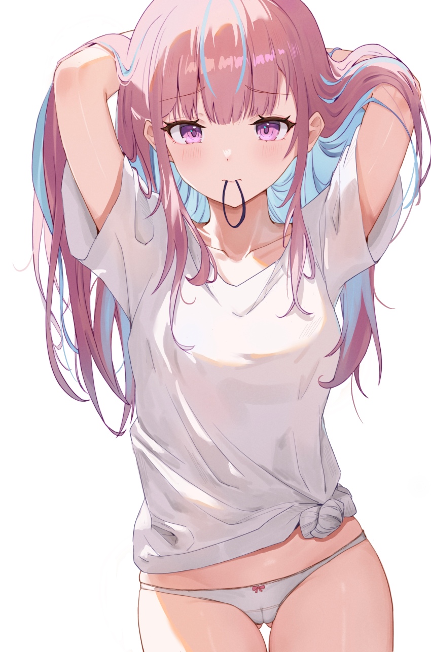 1girl absurdres adjusting_hair arms_behind_head blue_hair blue_ribbon blush bow bow_panties breasts cameltoe chris_preston closed_mouth collarbone colored_inner_hair furrowed_brow gluteal_fold hair_down hair_ribbon highres hololive large_breasts light_blue_hair long_bangs long_hair looking_at_viewer minato_aqua mouth_hold multicolored_hair no_pants panties pink_bow pink_eyes pink_hair pink_panties revision ribbon shirt short_sleeves simple_background solo standing streaked_hair thighs tied_shirt two-tone_hair underwear virtual_youtuber white_background white_panties white_shirt