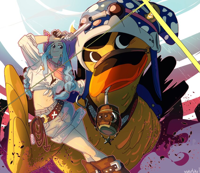 1girl animal artist_name belt bird blue_hair commentary cowboy_hat crop_top crossed_legs drinking_straw duck earrings english_commentary goggles goggles_on_headwear gun hat highres holding holding_gun holding_weapon jewelry karoo_(one_piece) lasso long_hair nefertari_vivi one_piece shorts sleeves_rolled_up smile taku_(aywakutakuay) weapon