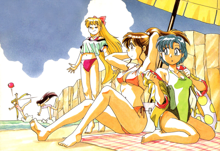 1990s_(style) 5girls aino_minako azuma_kiyohiko ball barefoot beach beach_umbrella beachball bikini bishoujo_senshi_sailor_moon black_hair blonde_hair blue_eyes blue_hair breasts brown_eyes brown_hair cleavage clothes_writing competition_swimsuit crop_top crop_top_overhang day green_one-piece_swimsuit heel_up high_ponytail hino_rei in_the_face kino_makoto long_hair marker_(medium) medium_breasts midriff mizuno_ami multiple_girls navel off_shoulder official_art one-piece_swimsuit outdoors pink_one-piece_swimsuit ponytail retro_artstyle sailor_senshi scan side-tie_bikini_bottom sitting small_breasts summer swimsuit traditional_media tsukino_usagi twintails umbrella underboob undressing very_long_hair wariza