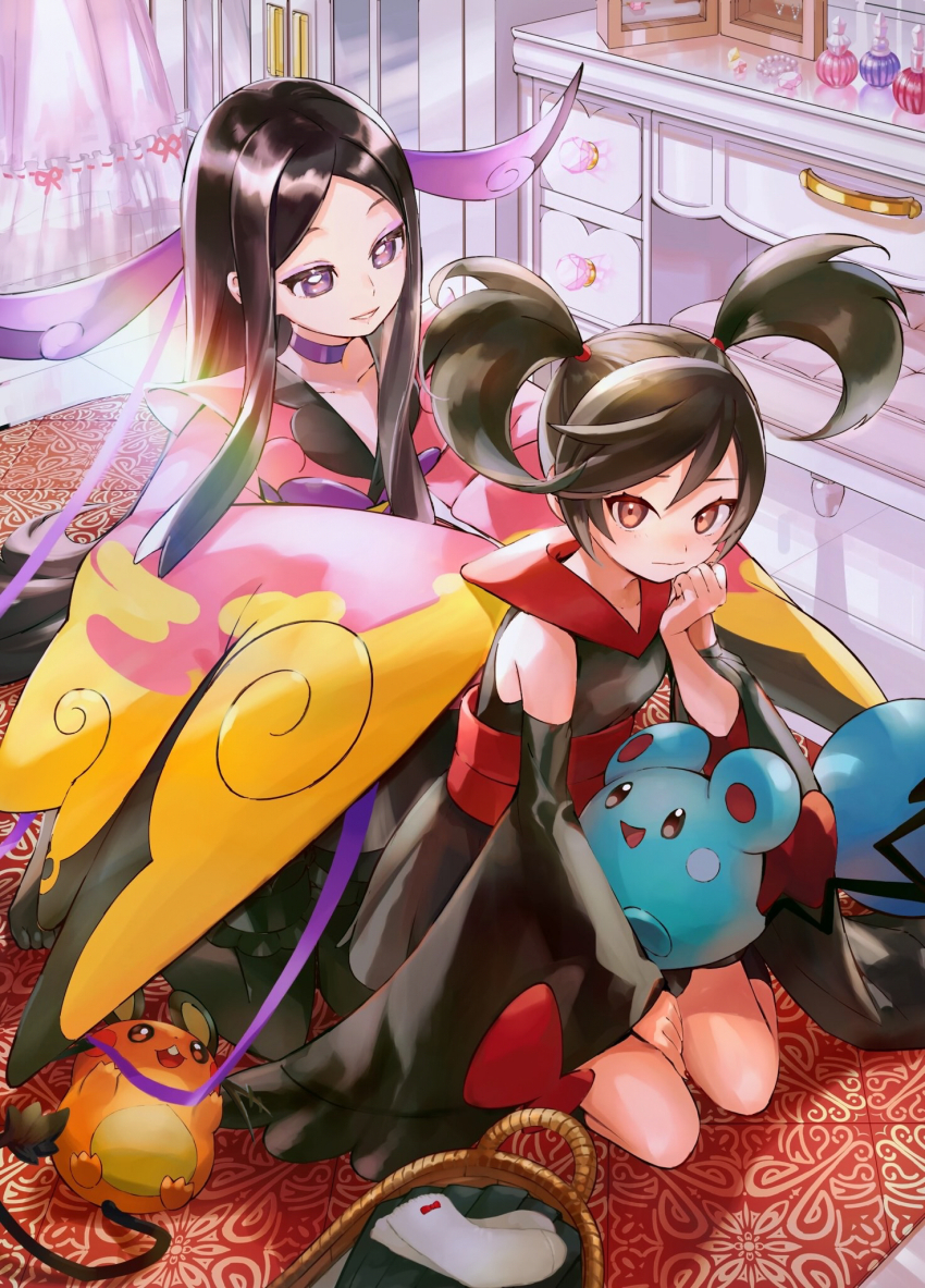 2girls azurill basket black_hair brown_eyes choker closed_mouth commentary_request curtains dedenne detached_sleeves eyelashes furisode furisode_girl_(pokemon) furisode_girl_kali gen_3_pokemon gen_6_pokemon hand_up highres indoors japanese_clothes kimono long_hair long_sleeves multiple_girls nintendo orange_mikan parted_bangs parted_lips pokemon pokemon_(creature) pokemon_xy purple_choker rug sidelocks sitting twintails valerie_(pokemon) wide_sleeves