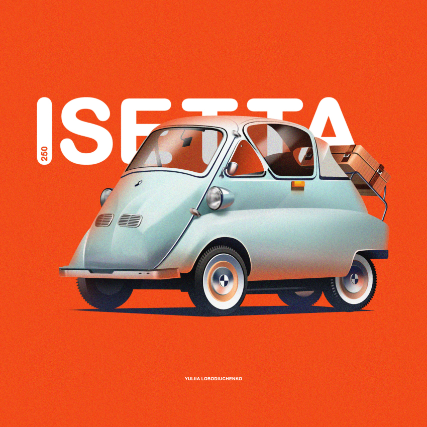 absurdres artist_name bmw bmw_isetta box car grey_car highres no_humans orange_background original shadow vehicle_focus vehicle_name yuliia_lobodiuchenko