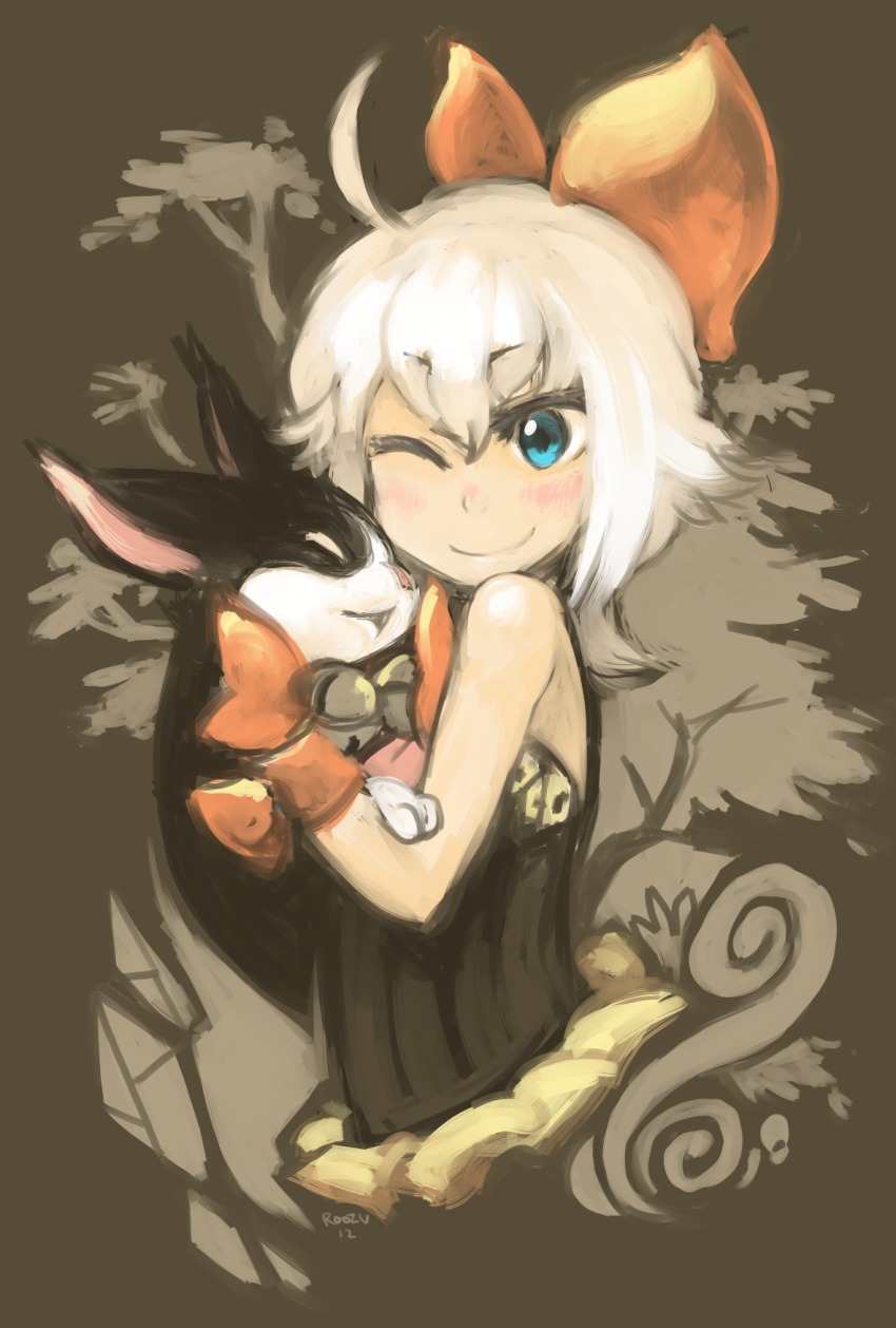 1girl ;) ahoge animal artist_name ascot bare_shoulders bell black_shirt blue_eyes blush bow brown_background cat closed_eyes closed_mouth crystal dual_persona final_fantasy_crystal_chronicles:_echoes_of_time from_side hair_bow highres holding holding_animal jingle_bell looking_at_viewer one_eye_closed orange_bow pink_ascot roozu sherlotta sherlotta_(cat) shirt short_hair sleeveless sleeveless_shirt smile strapless tube_top upper_body white_hair wrist_wrap