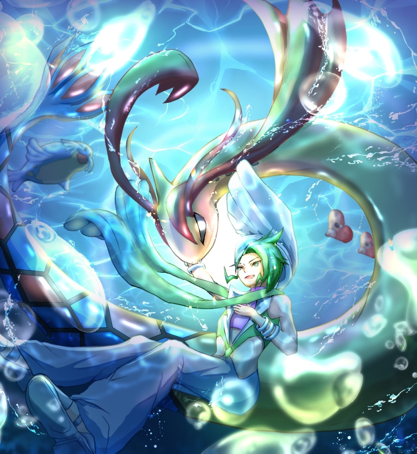 1boy bo_(bouillustration) bubble commentary_request gen_3_pokemon green_hair green_scarf hat heart highres long_scarf luvdisc milotic nintendo pokemon pokemon_(creature) pokemon_oras scarf seal_(animal) sealeo short_hair smile sunlight underwater