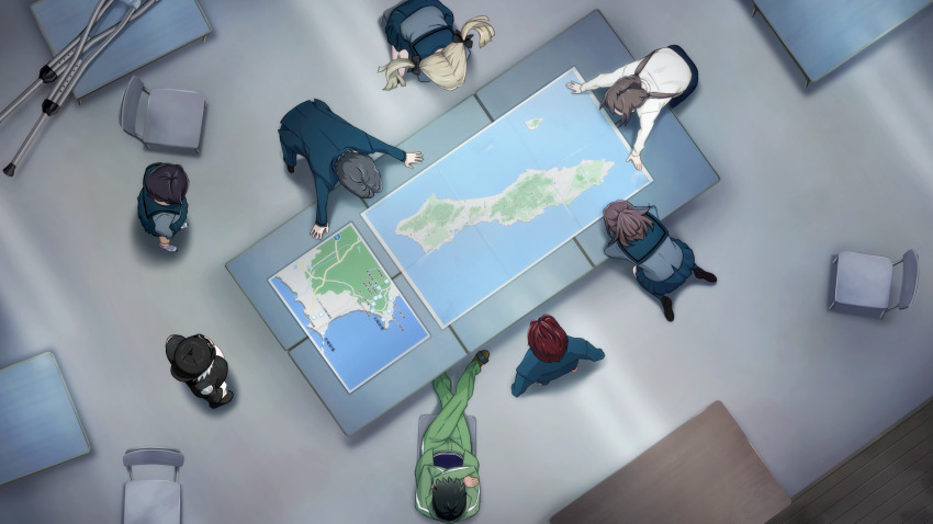 4boys 4girls black_boots black_hair black_hat blazer blonde_hair blue_hoodie blue_sailor_collar blue_skirt blue_socks boots bow brown_hair brown_shoes chuo_tanegashima_high_school_uniform crossed_arms crossed_legs daitoku_junna dress_shirt from_above fujita_tetsuharu fukuda_tomonori game_cg green_jacket hair_bow hat hidaka_subaru highres hood hoodie indoors jacket kneehighs kneeling koujiro_frau leather leather_boots leather_jacket long_hair long_sleeves map miniskirt multiple_boys multiple_girls multiple_hair_bows nagafukada_mitsuhiko non-web_source official_art on_floor pants ponytail red_hair red_hood robotics;notes sailor_collar school_uniform science_adventure senomiya_akiho shirt shoes short_hair shoulder_plates sitting skirt sneakers socks standing table tennouji_nae tennouji_nae_(robotics;notes) thighs track_jacket track_pants very_short_hair wariza white_shirt winter_uniform yashio_kaito