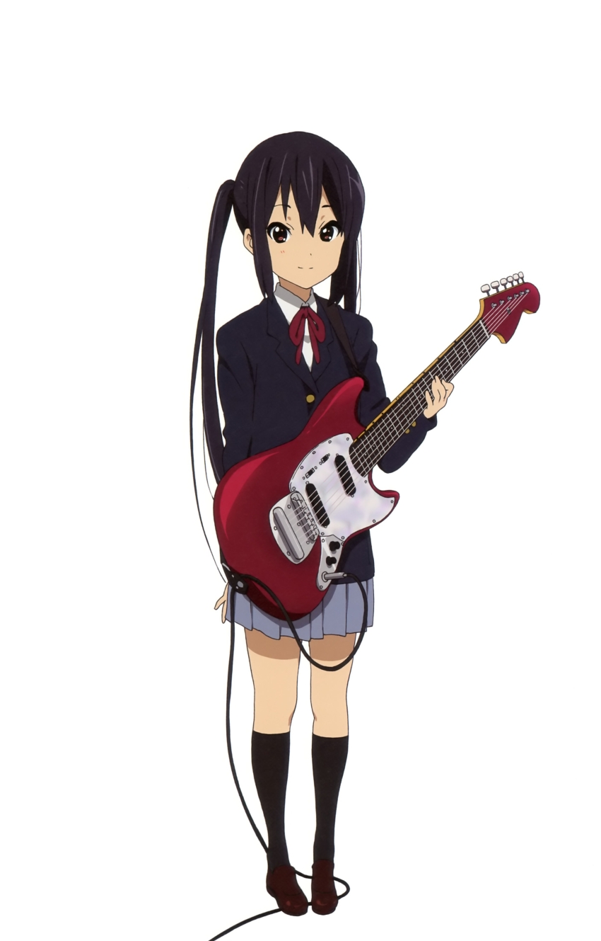 1girl absurdres anime_coloring arm_at_side black_hair black_jacket black_socks blazer brown_eyes brown_shoes buttons cable closed_mouth collared_shirt dot_nose electric_guitar fender_mustang full_body grey_skirt guitar guitar_strap hand_up highres holding holding_guitar holding_instrument instrument jacket k-on! kneehighs light_smile long_hair long_sleeves looking_at_viewer miniskirt nakano_azusa neck_ribbon official_art pleated_skirt red_ribbon ribbon sakuragaoka_high_school_uniform scan school_uniform shirt shoes sidelocks simple_background skirt socks solo split_mouth standing tachi-e third-party_source twintails very_long_hair white_background white_shirt wing_collar