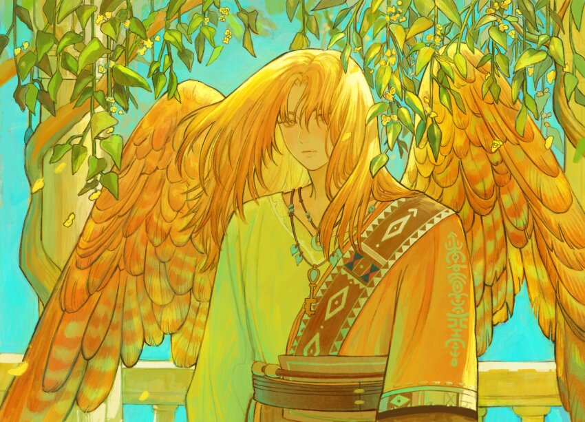 1boy branch closed_mouth feathered_wings hair_between_eyes highres jewelry leaf long_hair long_sleeves male_focus necklace original outdoors plant pole railing sky solo tree upper_body wings ya0n0524