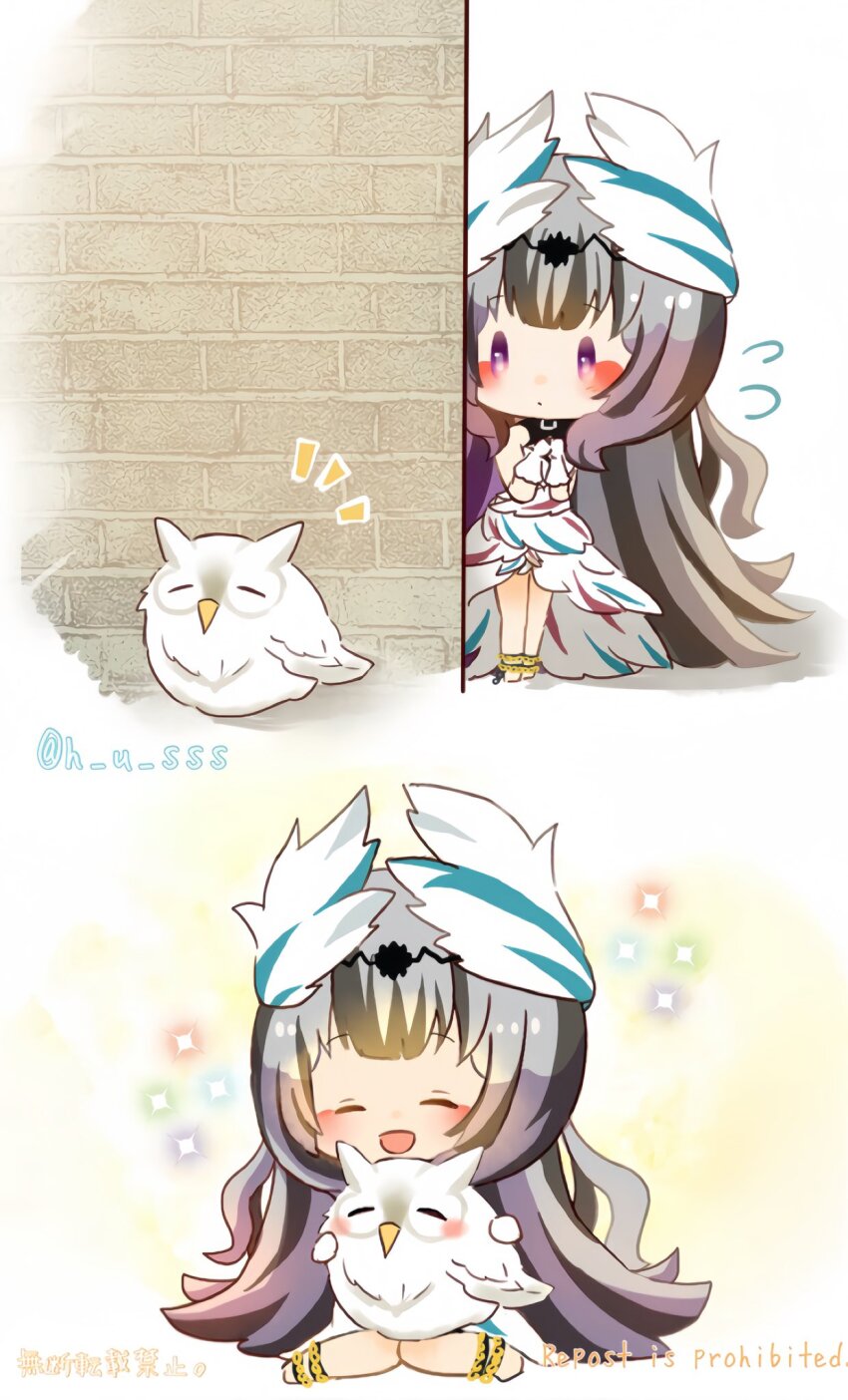 1girl :d bird black_hair blush brick_wall closed_eyes commentary_request feh_(fire_emblem_heroes) fire_emblem fire_emblem_engage fire_emblem_heroes flying_sweatdrops grey_hair h_u_sss highres hug laurels long_hair multicolored_hair nintendo notice_lines open_mouth owl purple_eyes sitting smile sparkle streaked_hair two-tone_hair very_long_hair veyle_(fire_emblem)