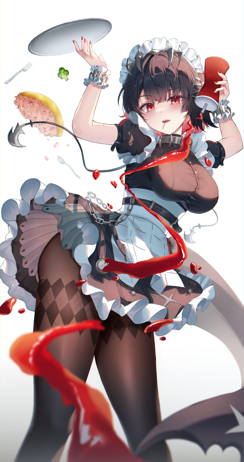 1girl absurdres black_hair black_pantyhose black_skirt breasts candy colored_inner_hair commentary ellen_joe fins fish_tail food gradient_background grey_background highres holding ketchup lollipop looking_at_viewer maid maid_headdress medium_breasts mouth_hold multicolored_hair nail_polish pantyhose pink_hair red_eyes red_nails rice ronya_(ronya_s2) shark_girl shark_tail short_hair skirt solo standing tail two-tone_hair white_background zenless_zone_zero