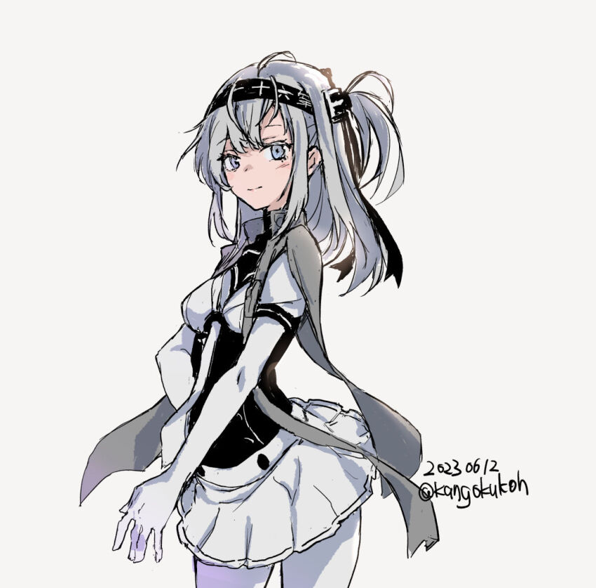 1girl black_headband black_sailor_collar bodysuit cowboy_shot dated elbow_gloves gloves grey_eyes grey_hair headband jacket jacket_on_shoulders kangoku_kou kantai_collection long_hair looking_at_viewer neckerchief one-hour_drawing_challenge one_side_up pantyhose pleated_skirt sailor_collar simple_background skirt solo suzutsuki_(kancolle) twitter_username white_background white_bodysuit white_gloves white_neckerchief white_pantyhose white_skirt