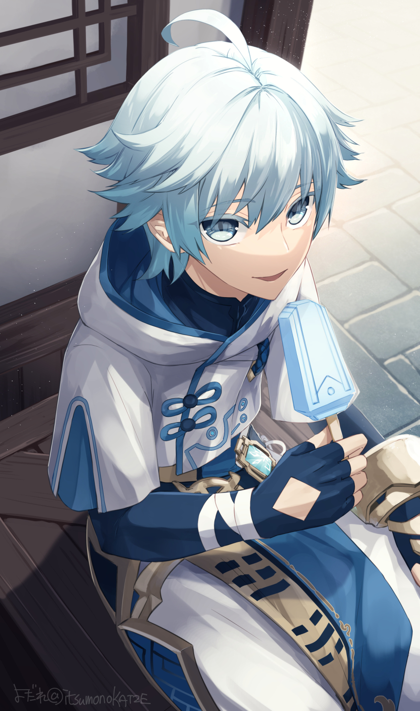 1boy :d absurdres ahoge artist_name bandaged_arm bandages black_gloves black_shirt blue_eyes blue_hair bracelet chinese_clothes chongyun_(genshin_impact) colored_eyelashes commentary crate cropped_hoodie day elbow_gloves fingerless_gloves food from_above genshin_impact gloves gold_trim hair_between_eyes hand_up highres holding holding_food holding_popsicle hood hood_down hoodie itsumono_katze jewelry light_particles looking_at_viewer male_focus open_mouth outdoors pants popsicle shirt short_hair short_sleeves signature sitting smile solo stone_floor symbol-only_commentary vision_(genshin_impact) white_hoodie white_pants