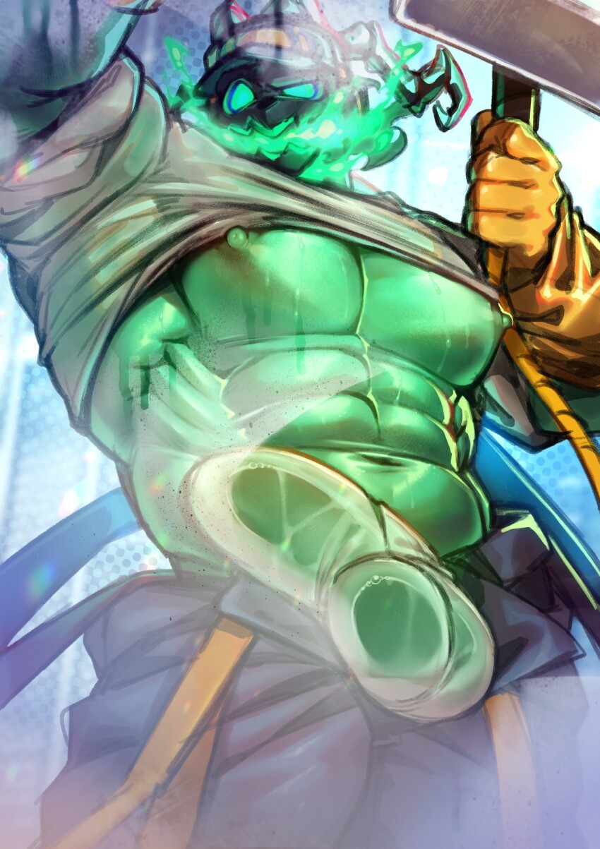 1boy abs against_glass bara bare_pectorals baseball_cap bulge cleaning clothes_lift colored_skin covered_testicles cowboy_shot fire gloves green_fire green_skin hat highres janitor_thresh large_bulge large_pectorals league_of_legends male_focus muscular muscular_male navel nipples open_fly pectorals penis_on_glass see-through_underwear shirt_lift sleeves_rolled_up solo thresh_(league_of_legends) vorusu yellow_gloves