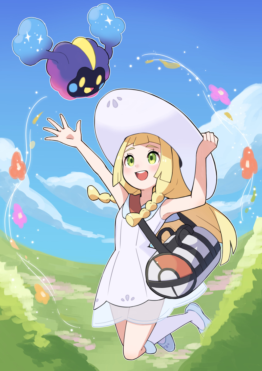 1girl :d absurdres arms_up bag blonde_hair blue_shoes cloud collared_dress commentary cosmog day dress duffel_bag eyelashes flower gen_7_pokemon green_eyes hat highres legendary_pokemon lillie_(pokemon) long_hair nintendo open_mouth outdoors poke_ball_print pokemon pokemon_(creature) pokemon_sm shinna_(user_zfuz4288) shoes sky smile socks sun_hat teeth upper_teeth_only white_dress white_hat white_socks