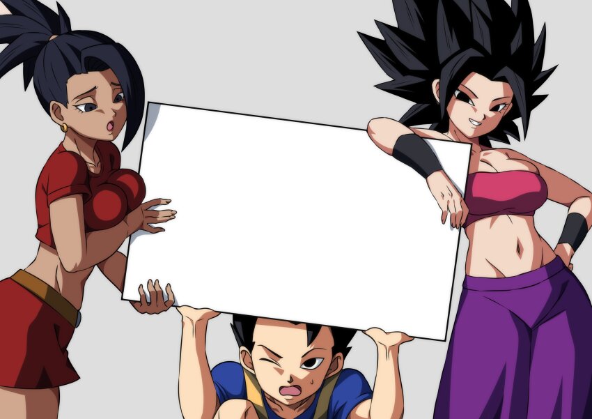 1boy 2girls absurdres belted_skirt black_hair blue_shirt breasts cabba caulifla cleavage collarbone commentary crop_top dark-skinned_female dark_skin dragon_ball dragon_ball_super earrings eighteenetzel english_commentary grey_background highres holding holding_sign jewelry kale_(dragon_ball) large_breasts long_hair looking_at_another looking_at_viewer looking_down looking_up miniskirt multiple_girls navel nose one_eye_closed open_mouth pants purple_pants red_shirt red_skirt shirt short_sleeves sign simple_background skirt sleeveless smile sweatdrop teeth