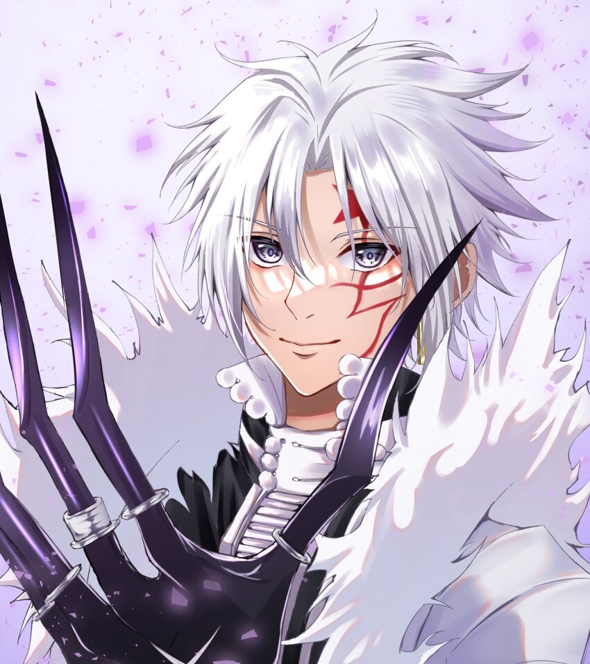 1boy allen_walker asymmetrical_arms black_jacket black_order_uniform claws coat collared_jacket d.gray-man facial_mark floating_hair fur-trimmed_coat fur_trim giant_hand grey_eyes hair_between_eyes highres jacket jewelry looking_at_viewer mimo0211 ring scar scar_on_face short_hair sidelocks smile solo star_(symbol) star_facial_mark striped_clothes striped_jacket talons white_background white_coat white_fur white_hair white_stripes